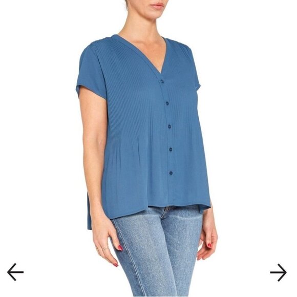 Pleione  Plisse Pleated V-neck Blouse In Slate Blue SP - Picture 11 of 16
